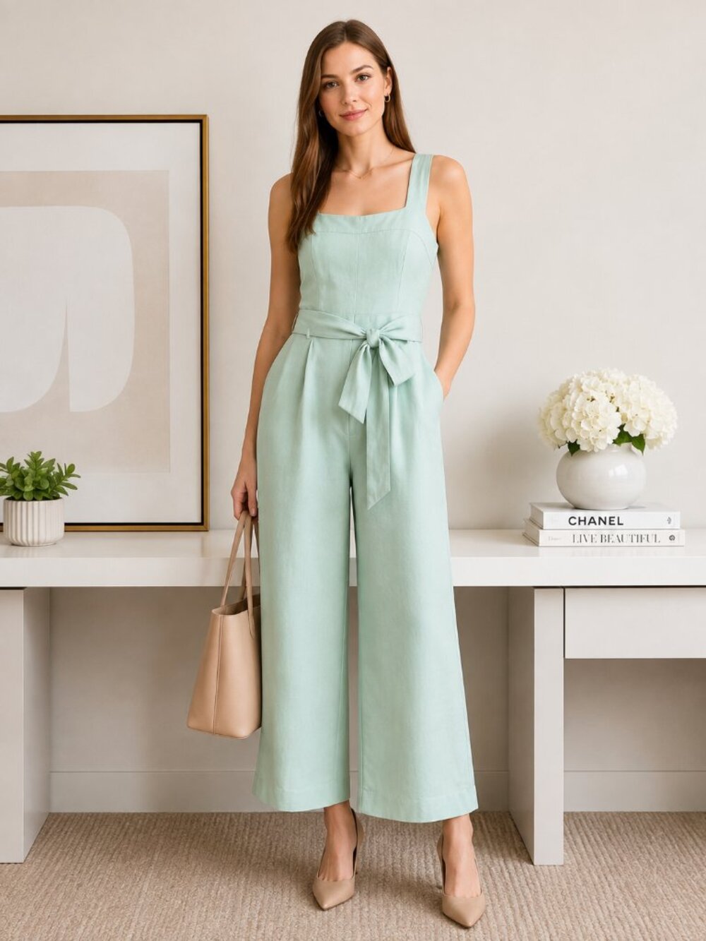 Ann Taylor Linen Blend Square Neck Jumpsuit Soft Mint Green Size 8 NWT